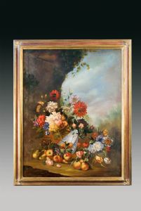 COPPIA DI GRANDI NATURE MORTE OLANDESI DELL'OTTOCENTO CON FIORI E FRUTTA - oli su tela      (2)   (NEW ENTRY)